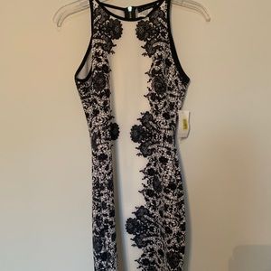 body con black and white lace pattern mini dress